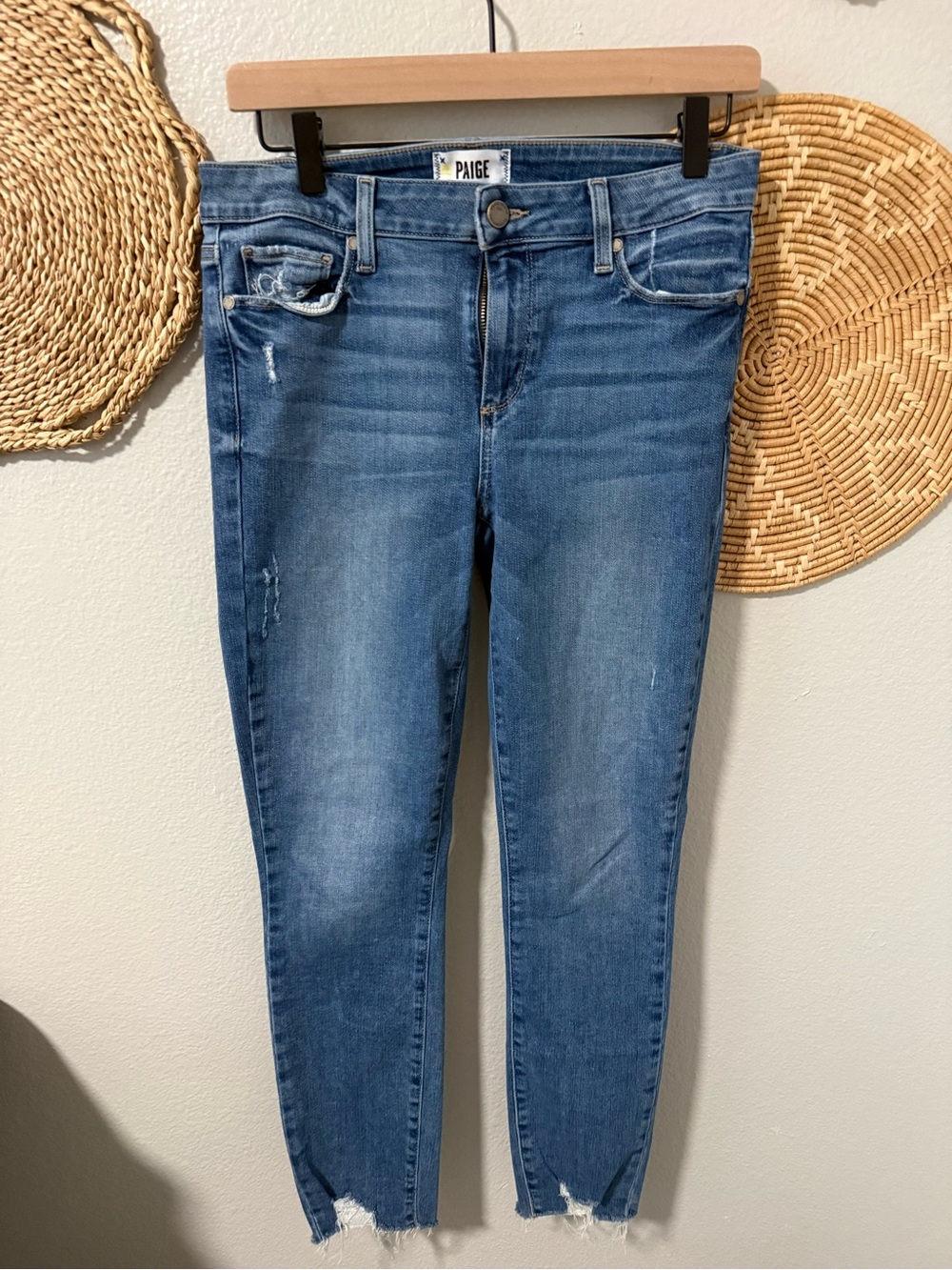 PAIGE Blue Ankle Crop Skinny Jeans with Raw Hem